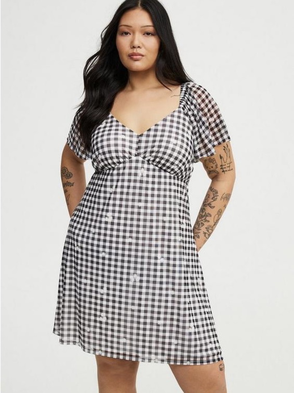 Torrid Gingham Daisy Print Flutter Sleeve Mini Dress Size 00 M/L NEW